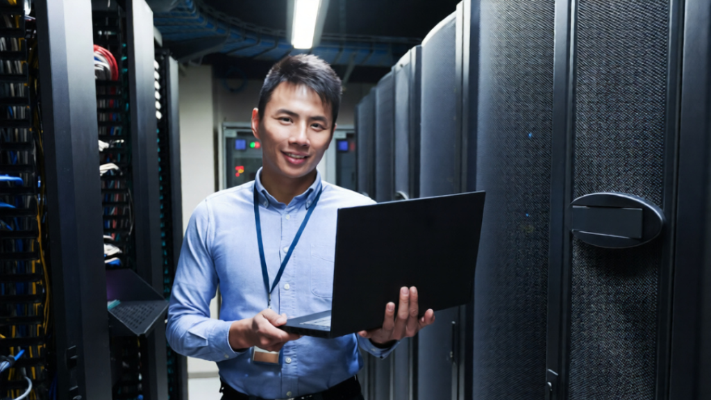 server-rack-choosing Technician in a modern server room with organized server racks, smiling for the photo